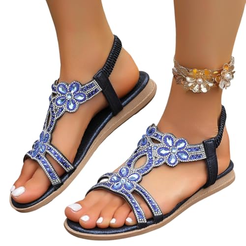 Glitzer Strass Sandalen Damen Sommer, Elegant Flach Schuhe, Weite Barfuss Sandalen Slingback Offene Schuhe Waschbar, 35-46 von DFEK