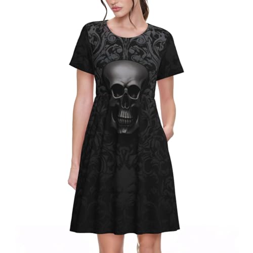 DFEPFKGOKL Gothic Wallpaper Skull Damen Sommerkleid - Casual Kurzarm Rundhals Falten Kleider Damen Sommerkleid mit Taschen, 3D, L von DFEPFKGOKL