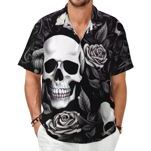 DFEPFKGOKL Herren Kurzarmhemd Schwarz Floral Skull Print Shirt Sommer Casual Urlaub Shirts Strand Tops Regular Fit Hawaiihemden für Männer, Größe 3D, 6XL von DFEPFKGOKL