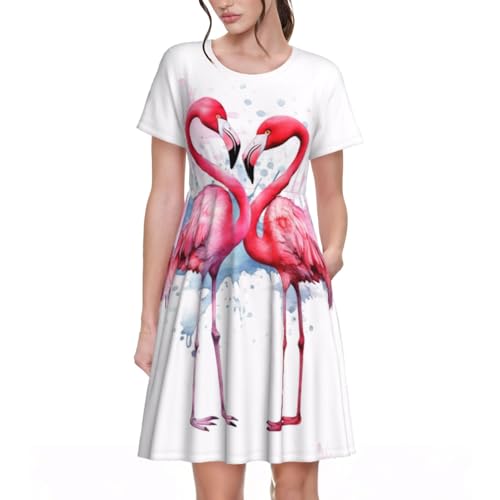 DFEPFKGOKL Ink Flamingos Damen Sommerkleid Casual Kurzarm Rundhals Falten Kleider Damen Sommerkleid mit Taschen, 3D, 3XL von DFEPFKGOKL