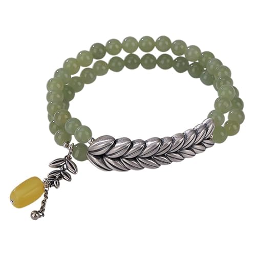 DFEPPJHG Armband Aus Runden Perlen Aus Silber, Bienenwachs Und Hetian-Jade Und Weizenähren von DFEPPJHG