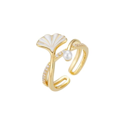 DFEPPJHG Ginkgoblatt Öltropfen Imitationsperle Offener Ring Mode Licht Luxus High-End Zeigefingerring Blattring von DFEPPJHG
