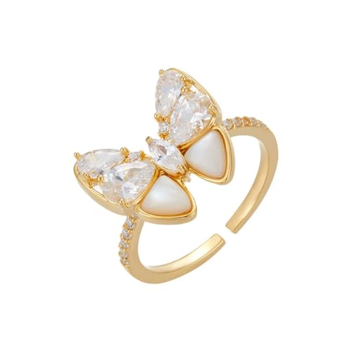 DFEPPJHG Leichter Luxus Zirkon Perlmutt Schmetterling Offener Ring Nische High-End Verstellbarer Ring Exquisiter Insektenring von DFEPPJHG