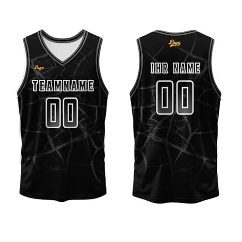 DFG RYNDAIR Personalisierte Basketball Jersey Personalisierte Basketball Shirts mit Druckfarben, Namen und Nummern - Jersey und Shorts in individuellen Farben (Schwarz Asche, M) von DFG RYNDAIR