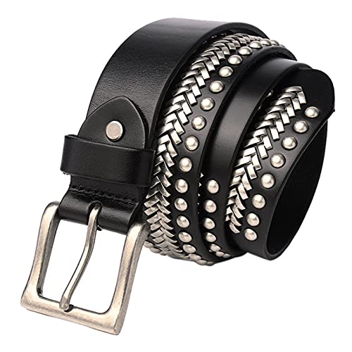 3 Reihen Nieten Echtes Leder Hand Gemacht Gürtel Punk Gothic Style Hip Hop Rock Nietengürtel Damen Und Herren Mit Silberfarbener Dornschließe Ledergürtel,Schwarz,120cm/waist:40"~42" von DFGGE