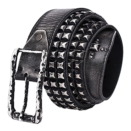 3 Reihen Pyramide Metall Nietengürtel Echtes Leder Gürtel Mit Legierung Dornschließe Herren Damen 38Cm Breit Punk Rock Style 105Cm - 125Cm Kürzbar,Schwarz,105cm/waist:34"~36" von DFGGE