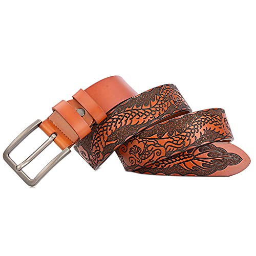 DFGGE Gürtel Herren Jeansgürtel aus Echtleder mit Drachen-Muster 3.8cm Breite silberfarbener Dornschließe Ledergürtel Kürzbar,Braun,115cm(38"~40") von DFGGE