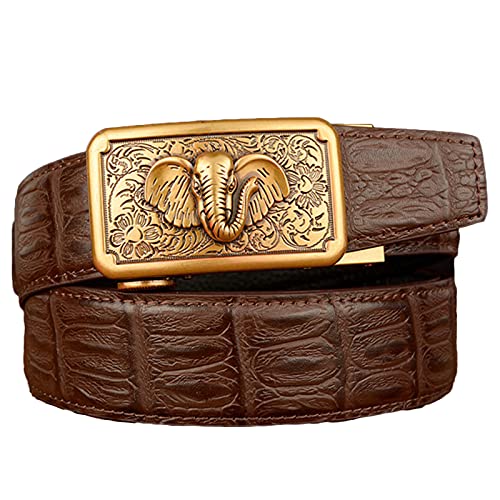 DFGGE Herren Leder Automatik Gürtel für Männer Schlangenhaut Ledergürtel Ratsche Automatikschließe mit rechteckigen handgeschnitzter Elefantenköpfen kürzbar,Kaffee,120cm/waist:40"~42" von DFGGE