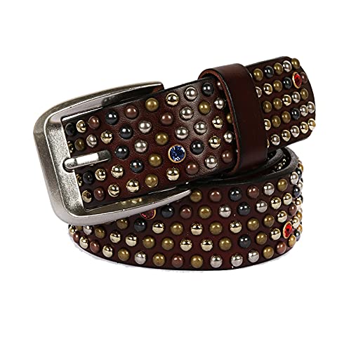 DFGGE Herren Nieten Gürtel Punk Rock Gothic Ledergürtel mit Niete in kreisförmiger Anordnung und Bling Handgefertigt Mehrfarbig Strasssteine,Kaffee,125cm(42"~44") von DFGGE