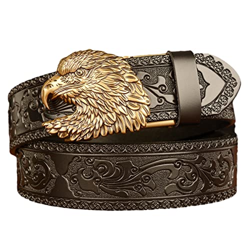 DFGGE Herren Ratsche Gürtel Echtleder Ledergürtel Gold Western Fliegender Adler Autoamtic Schnalle Verstellbare Abnehmbar Unisex Arbeitsgürtel Mit Geprägtem Ornament Muster,Schwarz,115cm/waist:38"~40" von DFGGE