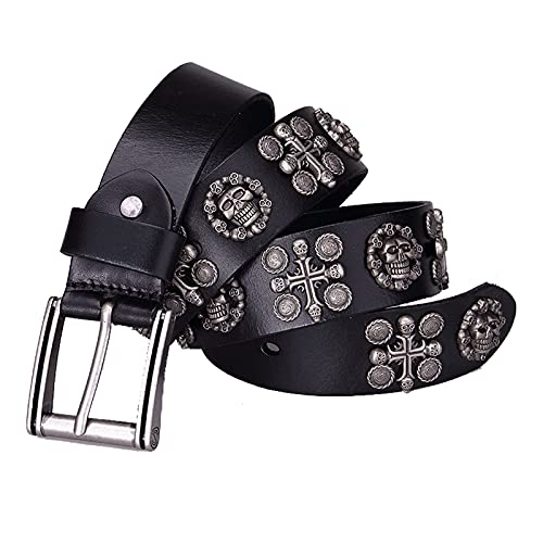 DFGGE Nietengürtel Gürtel Herren Rindsleder Ledergürtel mit Totenkopf Kreuz eschnitzte Niete in kreisrunder Anordnung Punk Gothic für Jeans, Hosen,Schwarz,110cm(36"~38") von DFGGE