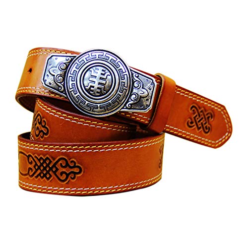 Damen Herren Leder Gürte Western geprägter Ornament Muster Ledergürtel mit klassischer Antik-Silber-Geschnitztes Rundschnalle,Unisex breit kürzbar,Braun,110cm/waist:36"~38" von DFGGE