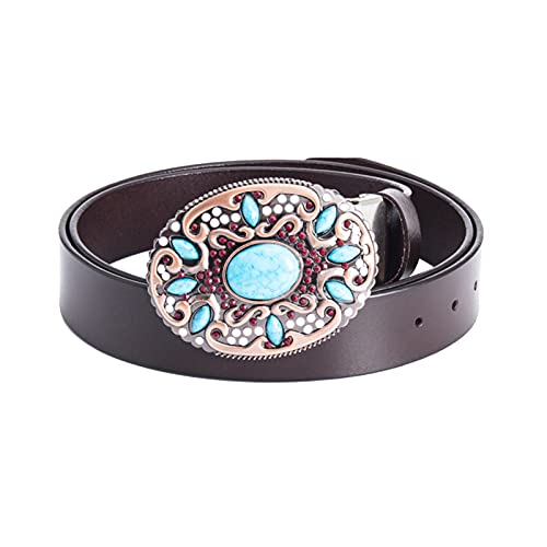 Gürtel Damen & Herren Taillengürtel Rindsleder Ledergürtel Mit Exquisite Western Geschnitztes Hohl Blume Türkis Schnalle Für Jeans Hose Shorts,Kaffee,105cm/waist:34"~36" von DFGGE