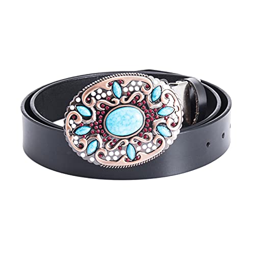 Gürtel Damen & Herren Taillengürtel Rindsleder Ledergürtel Mit Exquisite Western Geschnitztes Hohl Blume Türkis Schnalle Für Jeans Hose Shorts,Schwarz,100cm/waist:32"~34" von DFGGE