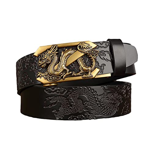 Gürtel Herren echtem Voll-Leder Jeansgürtel Ledergürtel mit automatischem 3D Drache Schnalle kürzbar & Männer Beste Wahl,Schwarz,110cm/waist:36"~38" von DFGGE