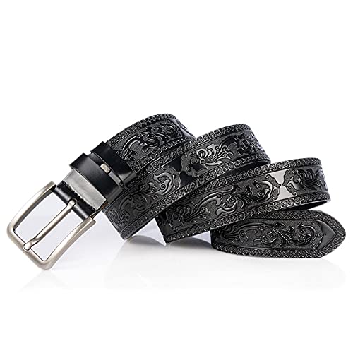 Gürtel Herren & Damen mit Ornament Prägung Handwerkskunst Muster, silberfarbener Dornschließe kürzbar, Ledergürtel,Schwarz,105cm(34"~36") von DFGGE