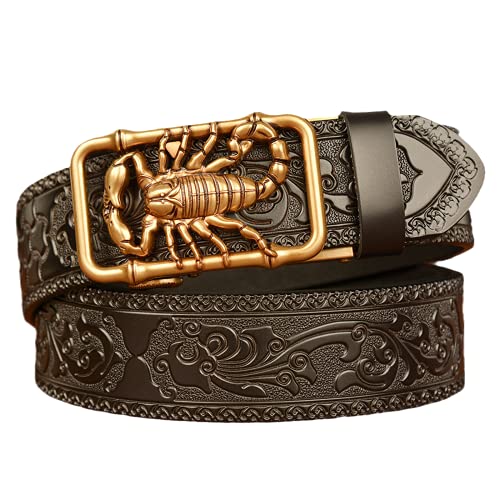 Gürtel Ratsche Automatik Belt - 3D Skorpion Tier Automatikschließe Verstellbarer Echtes Ledergürtel Mit Geschnitztes Floralem Jeans Kleidung Für Herren Damen,Schwarz,125cm/waist:42"~44" von DFGGE