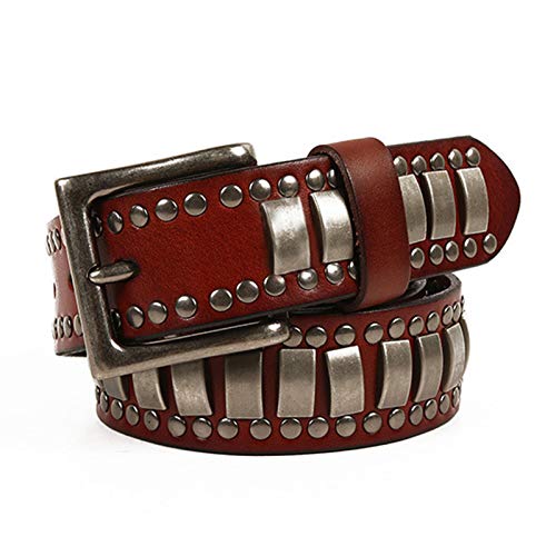 Herren Damen Nietengürtel Im Punk Hip Hop Style Leder Gürtel Mit Nieten Und Legierung Dornschließe Ledergürtel 105Cm - 125Cm Kürzbar,Braun,115cm/waist:38"~40" von DFGGE