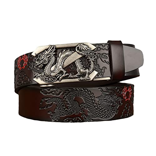 Herren Ratschen Bürtel, Ledergürtel mit automatischem Schnallen Gürtelschnalle Drache China 3D Verstellbarer Gurt Business für Jeans Anzug Hose,Kaffee,130cm/waist:44"~46" von DFGGE