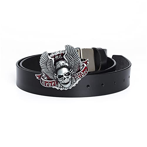 Herren Rindsleder Gürtel Taillegürtel Mit Druckknöpfe Verschluss, 3D Western Totenkopf Und Segelfliegen Adler Schnalle Jeans Ledergürtel Für Herren Damen,Schwarz,110cm/waist:36"~38" von DFGGE