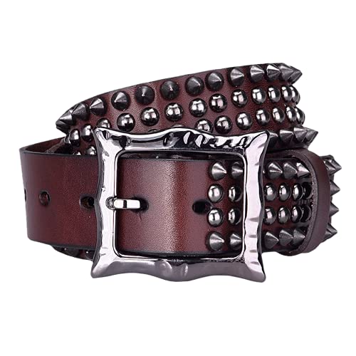 Herren & Damen Nietengürtel Im Vintage Spitznieten Handgemachter Design Gürtel Punk Rock Nieten Ledergürtel Echtleder Jeansgürtel Für Oder Gothic-Outfits,Kaffee,110cm/waist:36"~38" von DFGGE