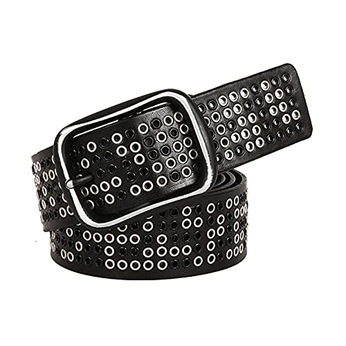 Hohlnieten Nietengürtel Mit Punk Rock 7 Reihen Lochnieten Für Damen Und Herren Geeignet Leder Ösengürtel Für Bluse T-Shirt Jeans Freizeithosen,Schwarz,105cm/waist:34"~36" von DFGGE