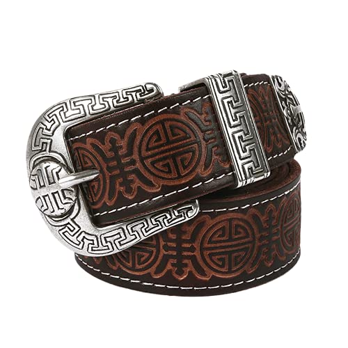 Leder Gürtel Für Damen Und Herren Handgemachtes Mode Geprägtes Muster Relief Ledergürtel Jeansgürtel Exquisit Dornschließe Aus Zinklegierung,Kaffee,100cm/waist:32"~34" von DFGGE