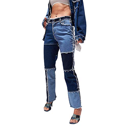 Hoch Taillierte Patchwork-Jeans Für Damen In Übergröße, Patch Flare-Jeanshose, Modische, Gerade Hose Und Sexy Vintage-Bleistifthose Für Lebhafte Frauen (Blau,XS) von DFGHA