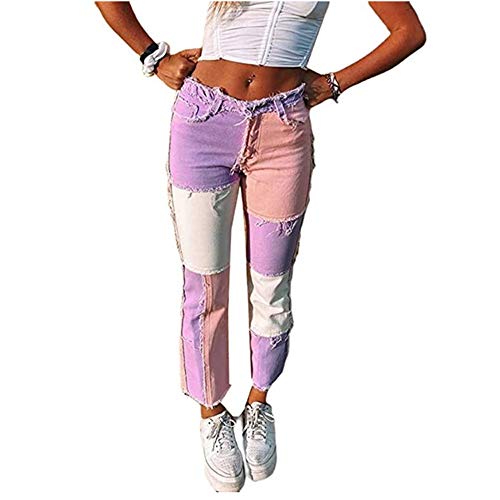 Hoch Taillierte Patchwork-Jeans Für Damen In Übergröße, Patch Flare-Jeanshose, Modische, Gerade Hose Und Sexy Vintage-Bleistifthose Für Lebhafte Frauen (Rosa,S) von DFGHA