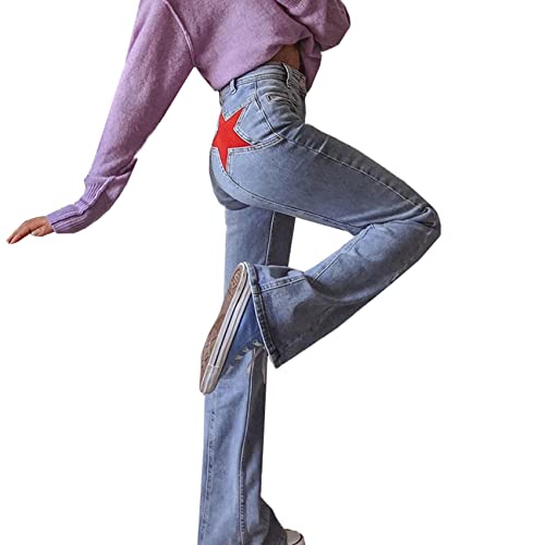 Damen mittlere Taille gerade Flare Jeans Star Patchwork Slim Fit Casual Glockenboden Hose,Blau,S von DFGHN