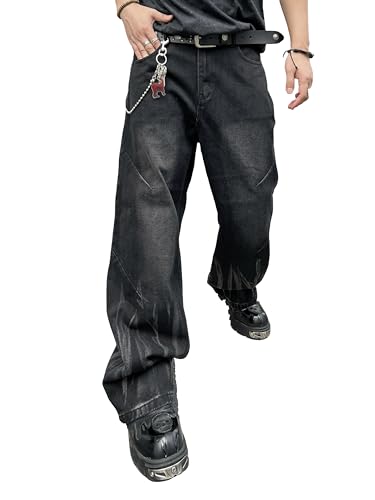DFGIGT Herren Unregelmäßige Nähte Y2k Hip Hop Baggy Jeans Weites Bein Denim Hose Casual Loose Fit Hose Streetwear, X-Klein von DFGIGT