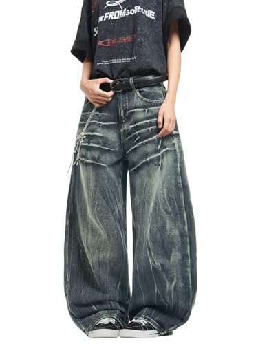 DFGIGT Herren Y2k Hip Hop Baggy Jeans Distressed Wide Leg Denim Pants Casual Loose Fit Hose Streetwear, A12 Retro Blue, Groß von DFGIGT