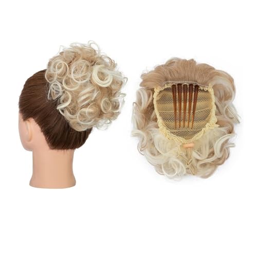 Anwendung bei Frauen Chaotisch lockiges Haar Dutts Synthetische Kordelzug Dutt Haarteil Kamm Clip Pferdeschwanz Haarverlängerungen Für die Haare(Ash Blonde mix Bleach Blonde) von DFHS46JK