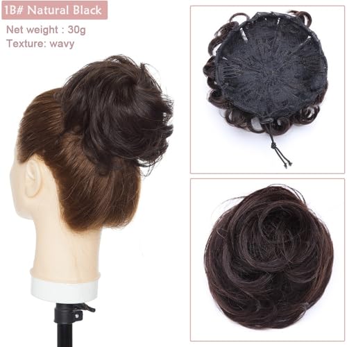 Anwendung bei Frauen Echthaar Dutt Donut Hochsteckfrisur Clip In Haarteil Eleganter Kordelzug Chignon Pferdeschwanz Extenstions Für die Haare(1B) von DFHS46JK