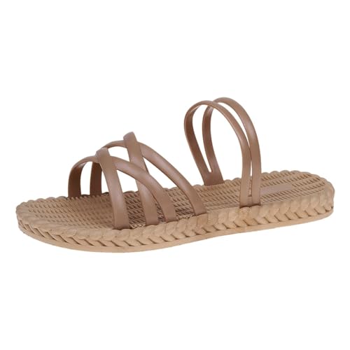 DFSDJEUW Hausschuhe Damen Leicht Sandalen Freizeit Bequem Cross Strap Offene Toe Sandals Atmungsaktive Weichen profilierter Sohle Strandschuhe Langlebiger Gummisohle Flache Slide (Beige, 36) von DFSDJEUW