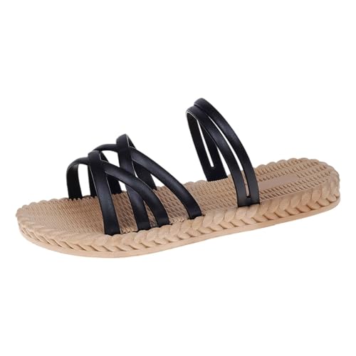 DFSDJEUW Hausschuhe Damen Leicht Sandalen Freizeit Bequem Cross Strap Offene Toe Sandals Atmungsaktive Weichen profilierter Sohle Strandschuhe Langlebiger Gummisohle Flache Slide (Black, 36) von DFSDJEUW
