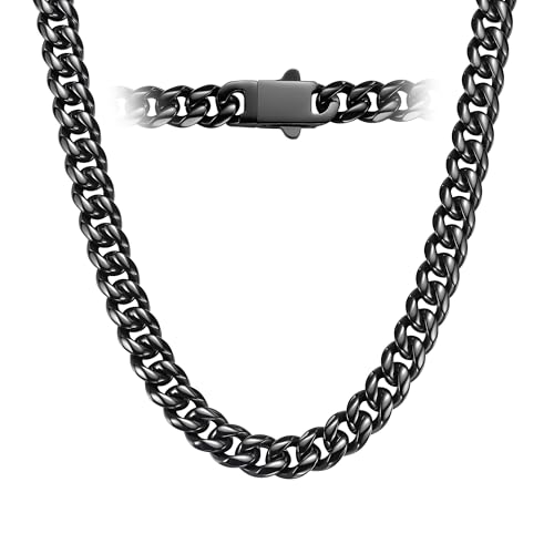 DFUNH 7 mm Edelstahl-Herren-Halskette, kubanisches Gliederkette, schwarzes Metall/925er-Sterling-Silber-plattiert, Herren-Halskette, Schwarz/Silberkette, Herren-Halskette, Edelstahl, Kein Edelstein von DFUNH