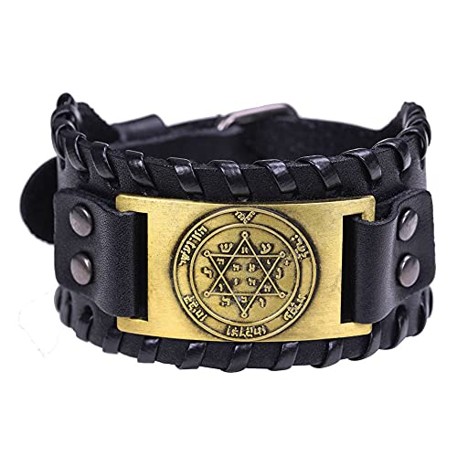 DFWY Davidstern Lederarmband, Herren Vintage Hexagramm Totem Verstellbare Lederschnalle Armreif Breites Armband,Solomon Protection Magic Powers Amulett Schmuck (Color : Bronze) von DFWY