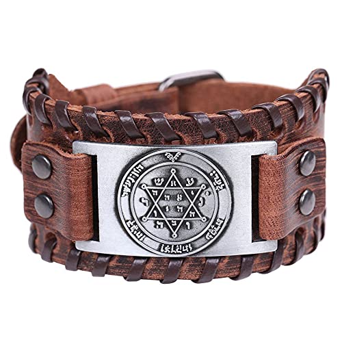 DFWY Davidstern Lederarmband, Herren Vintage Hexagramm Totem Verstellbare Lederschnalle Armreif Breites Armband,Solomon Protection Magic Powers Amulett Schmuck (Color : Brown) von DFWY