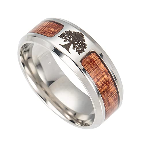 DFWY Herren Edelstahl Wikinger Baum Des Lebens Ring, Nordischer Yggdrasil Und Holz Inlay Ehering, Handgefertigter Polierter Vintage Punk Gothic Style Siegelring Schmuck (Size : 09) von DFWY