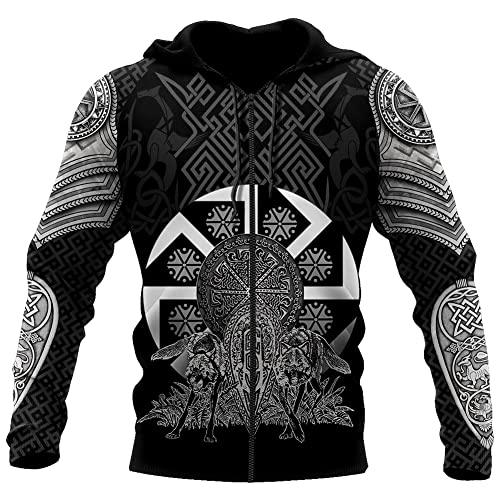 DFWY Herren Viking Wolf Tattoos Full Zip Hoodie, Nordischer Mythos Kolovrat Symbol Harajuku Pullover Langarm Sweatshirt, Unisex Mode Vintage Lose Jacke Streetwear (Color : Zip, Size : L) von DFWY