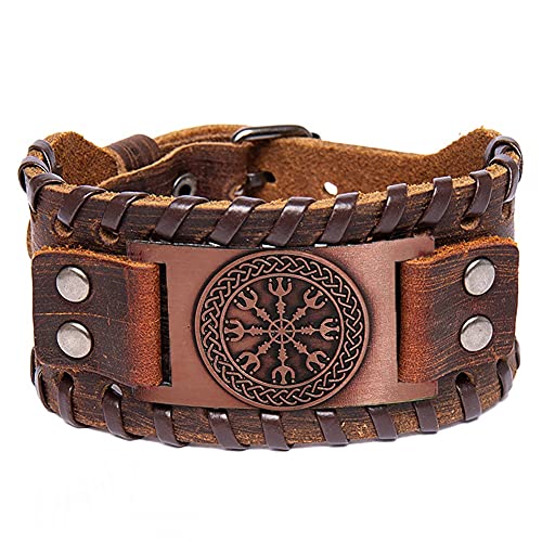 DFWY Herren Wikinger Helm Der Ehrfurcht Lederarmbänder, Handgemachte Verstellbare Schnalle Lederschnüre Geflochtenes Armband, Nordische Runen Aegishjalmur Talisman Armreifen Schmuckgeschenk von DFWY