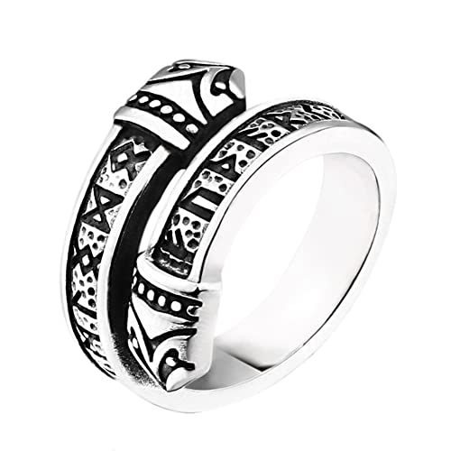 DFWY Herren Wikinger Schlangenkopf Offener Ring, Edelstahl Nordischer Wikinger Runenkreis Ring, Handgefertigter Verstellbarer Vintage Piratenring Heidnisches Amulett Schmuck Größe 7-13 (Size : 10) von DFWY