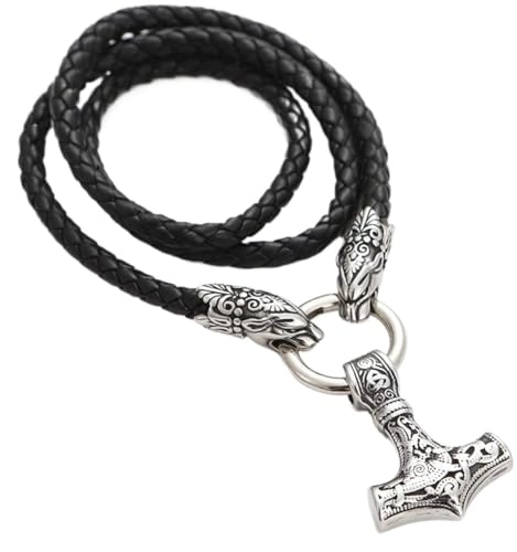 DFWY Männer Thor's Hammer Wolf Kopf Halskette, Norse Wikinger Mythologie Odin Mjolnir Talisman Anhänger, Vintage Handgemachte geflochtene Leder Fenrir Schwarze Kette Schmuck von DFWY