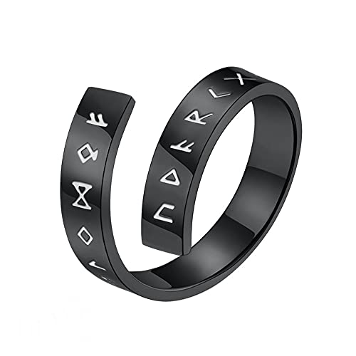 DFWY Nordic Viking Rune Ring Verstellbarer Offener Ring, Männer Frauen Elder Futhark Runen Ring, Edelstahl Band Ring Pagan Amulett Vintage Nordischen Schmuck Größe 7-12 (Color : Black, Size : 10) von DFWY