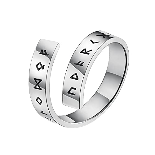 DFWY Nordic Viking Rune Ring Verstellbarer Offener Ring, Männer Frauen Elder Futhark Runen Ring, Edelstahl Band Ring Pagan Amulett Vintage Nordischen Schmuck Größe 7-12 (Color : Silver, Size : 12) von DFWY