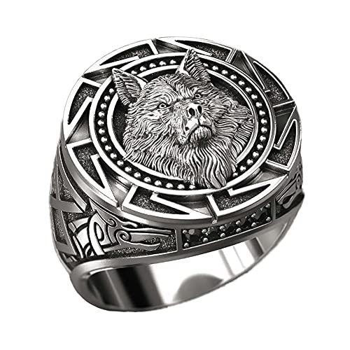 DFWY Nordic Viking Wolfskopf Ring Für Herren, Slawischer Keltischer Wolf Totem Edelstahlring, Gothic Retro Tier Amulett Siegelring Krieger Schmuck Größe 7-12 (Size : 12) von DFWY