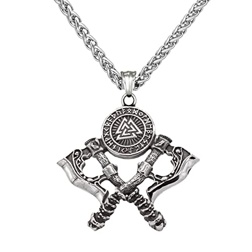 DFWY Nordische Wikinger Axt Halskette – Herren Edelstahl Valknut Doppelaxt Anhänger Halskette – Nordische Rune Odin Krieger Axt Amulett Vintage Mode Piratenschmuck von DFWY