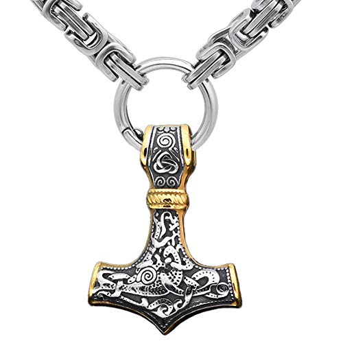 DFWY Viking Mjolnir Thors Hammeramulett Anhänger König Kette Halskette, Handgefertigte Männer Edelstahl Byzantinische Kette, Nordischer Keltischer Knotentotem Skandinavischer Heidnischer Schmuck von DFWY