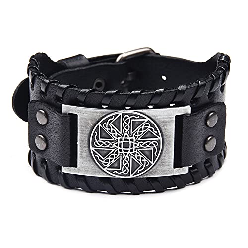 DFWY Viking Slavic Symbol Kolovrat Leder Geflochtenes Armband, Männer Frauen Celtic Knot Totem Verstellbarer Manschetten Armreif, Nordic Amulet Mittelalter Celtic Pagan Jewelry (Color : Silver) von DFWY